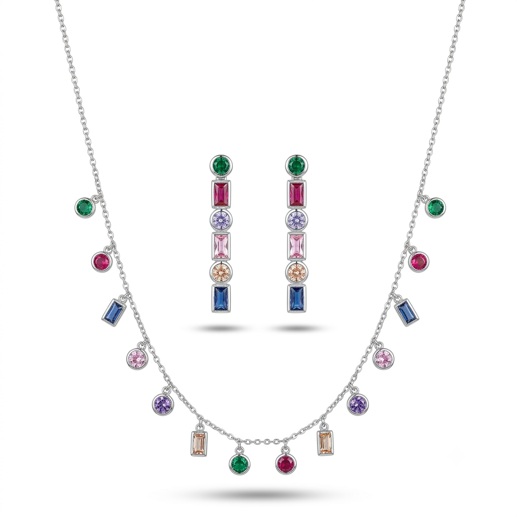 925 Sterling Silver Rainbow Station Necklace for Women | Multicolour Gemstone Charm Necklace | TOSHINI
