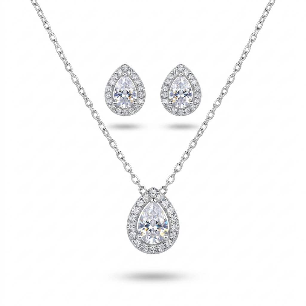 925 Sterling Silver Pear Halo Pendant Necklace & Stud Earrings Set for Women | TOSHINI
