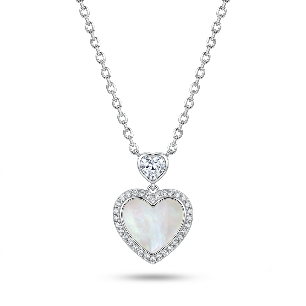 925 Sterling Silver Mother of Pearl Double Heart Pendant Necklace for Women | TOSHINI