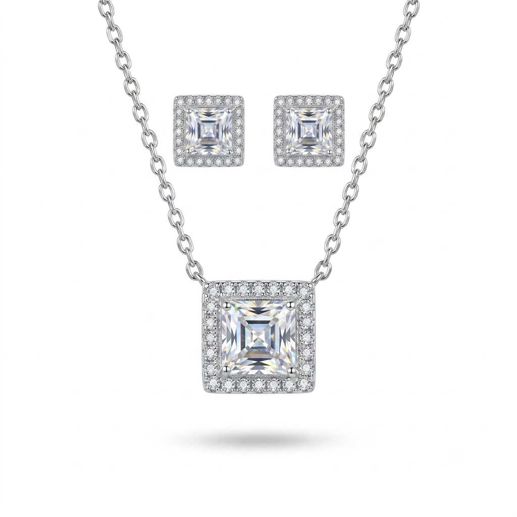 925 Sterling Silver Princess-Cut Halo Pendant Necklace & Stud Earrings Set for Women | TOSHINI