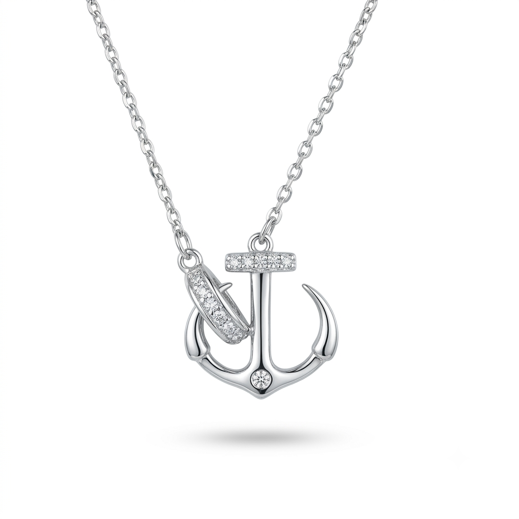 925 Sterling Silver Anchor Pendant Necklace with Pavé Stones for Women | TOSHINI