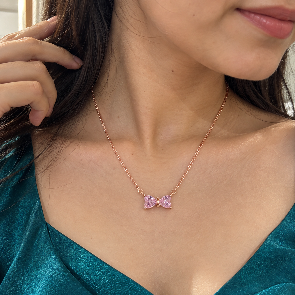 925 Sterling Silver Pink CZ Bow Pendant Necklace for Women | TOSHINI