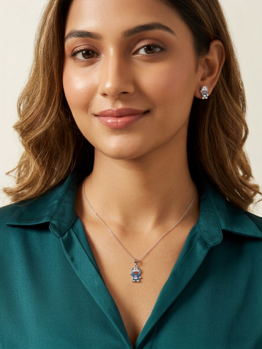 925 Sterling Silver Playful Doraemon Enamel Cartoon Pendant Necklace & Studs Earing for Women | TOSHINI