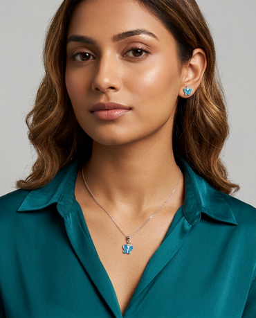 925 Sterling Silver Blue Butterfly Kids Pendant Necklace & Stud Earrings Set for Women | TOSHINI