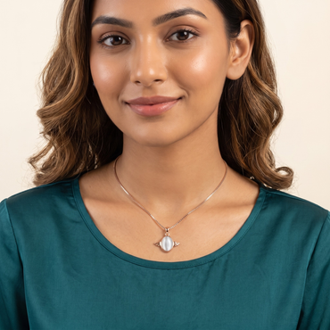 925 Sterling Silver Rose Gold Winged Cat's Eye Oval Pendant Necklace for Women | TOSHINI