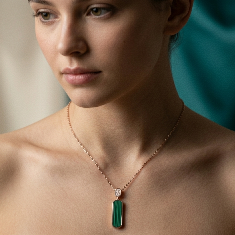 Hallmarked 925 Silver Elysian Malachite Bar Pendant Necklace | TOSHINI