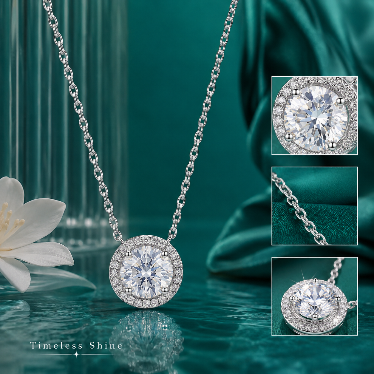 925 Sterling Silver Halo Solitaire Necklace | TOSHINI