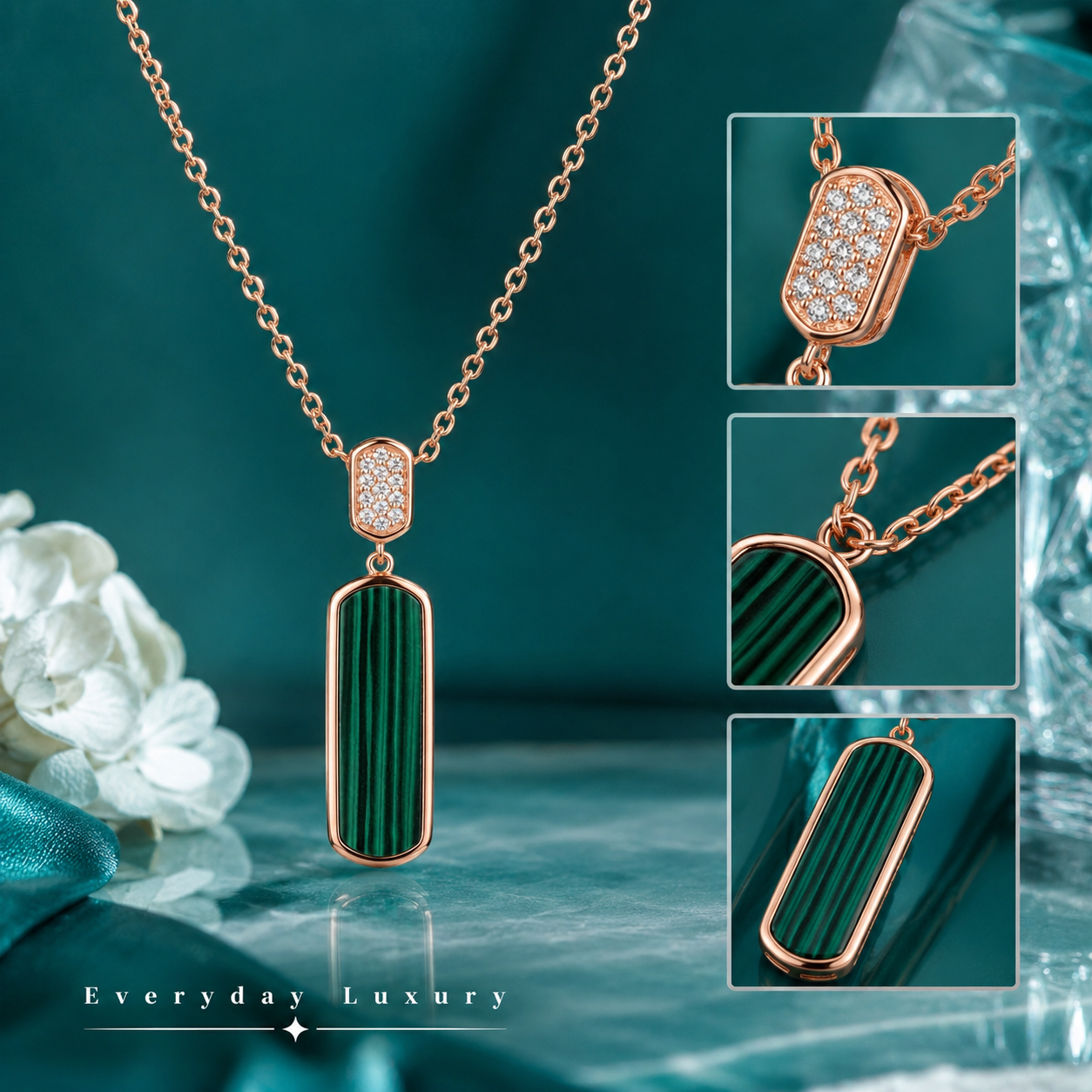 Hallmarked 925 Silver Elysian Malachite Bar Pendant Necklace | TOSHINI