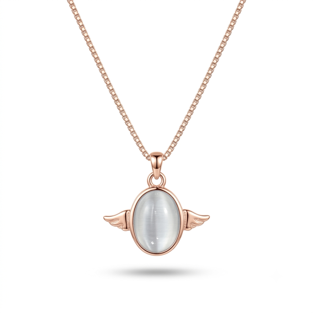 925 Sterling Silver Rose Gold Winged Cat's Eye Oval Pendant Necklace for Women | TOSHINI