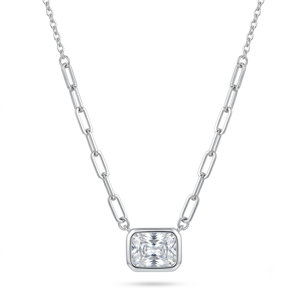 925 Sterling Silver Emerald-Cut Solitaire Pendant Necklace for Women | TOSHINI