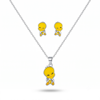 925 Sterling Silver Yellow Tweety Bird Pendant & Stud Earrings Jewellery Set for Women | TOSHINI