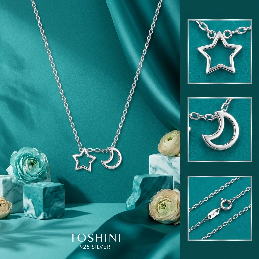 925 Sterling Silver Celestial Star & Moon Pendant Necklace for Women | TOSHINI