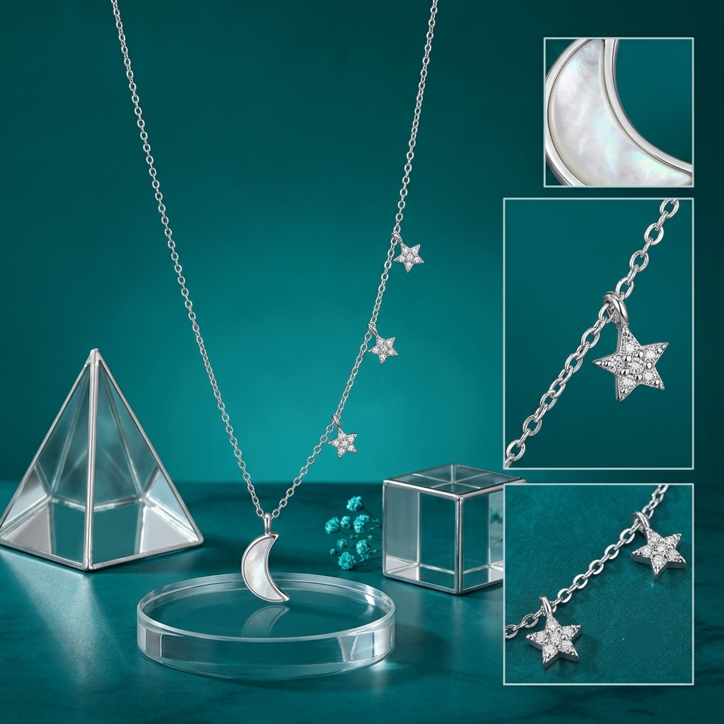 925 Sterling Silver Celestial Moon & Star Charm Necklace for Women | TOSHINI