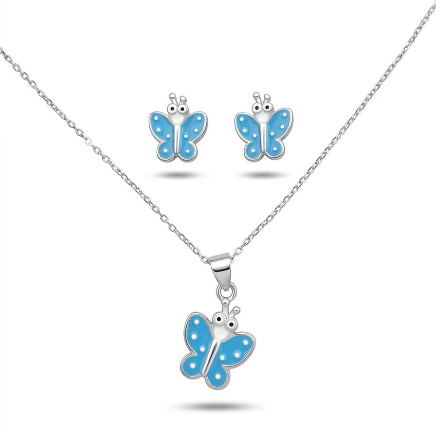 925 Sterling Silver Blue Butterfly Kids Pendant Necklace & Stud Earrings Set for Women | TOSHINI