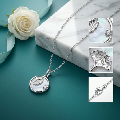 925 Sterling Silver Gingko Leaf Mother of Pearl Pendant Necklace for Women | TOSHINI