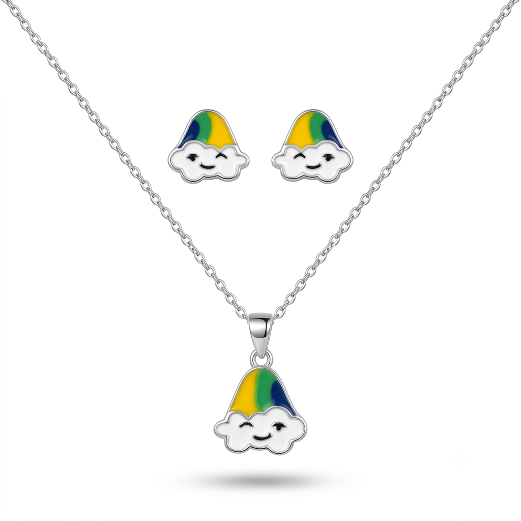 925 Sterling Silver Smiling Rainbow Cloud Pendant Necklace & Stud Earrings Set for Women | TOSHINI