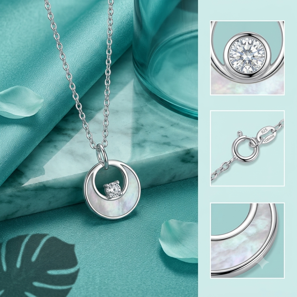 925 Sterling Silver Mother of Pearl Circle Pendant Necklace for Women | TOSHINI