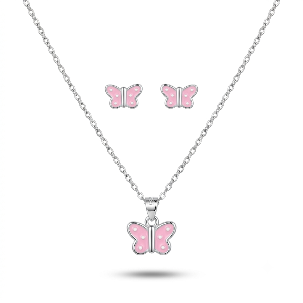 925 Sterling Silver Pink Butterfly Pendant Necklace & Stud Earrings Set for Women | TOSHINI