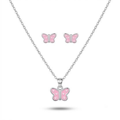 925 Sterling Silver Pink Butterfly Pendant Necklace & Stud Earrings Set for Women | TOSHINI