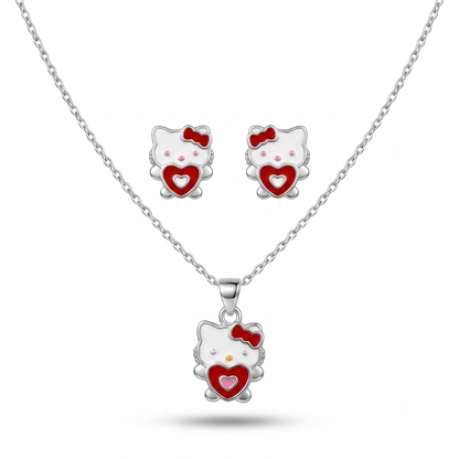 925 Sterling Silver Cute Kitty Heart Pendant Necklace & Stud Earrings Jewellery Set for women | TOSHINI