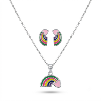 925 Sterling Silver Rainbow Heart Pendant Necklace & Studs Earings Set for Women | TOSHINI