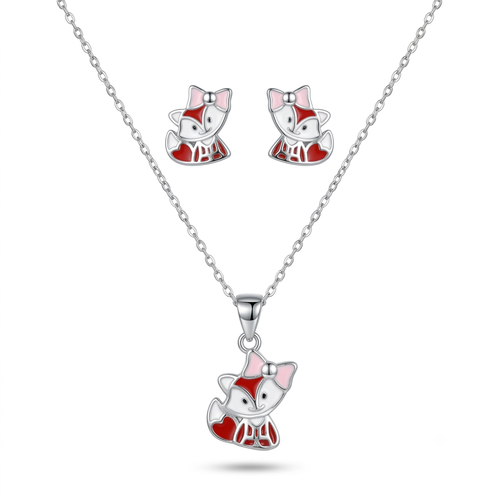 925 Sterling Silver Enamel Fox Pendant Necklace & Stud Earrings Set for Women | TOSHINI