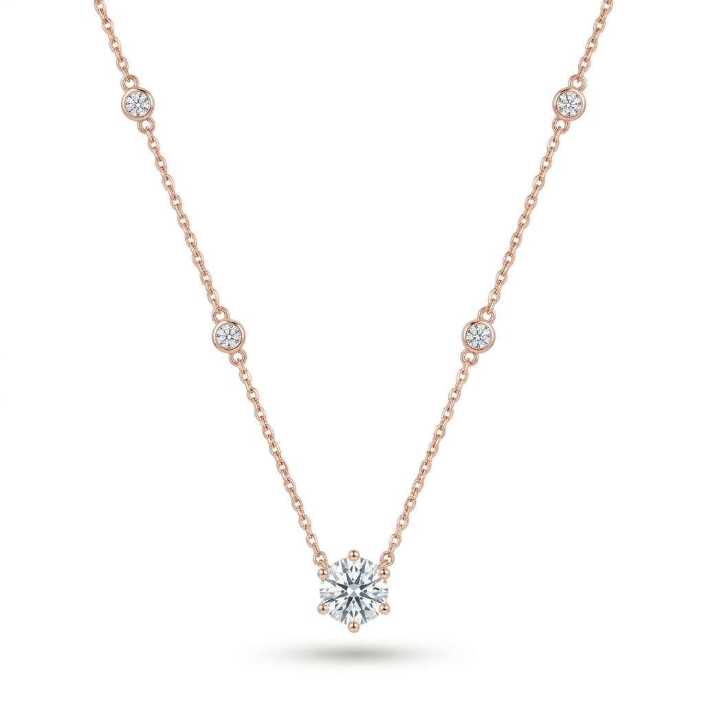 925 Sterling Silver Rose Gold Finish Solitaire Necklace with White Stone Accents for Women | TOSHINI
