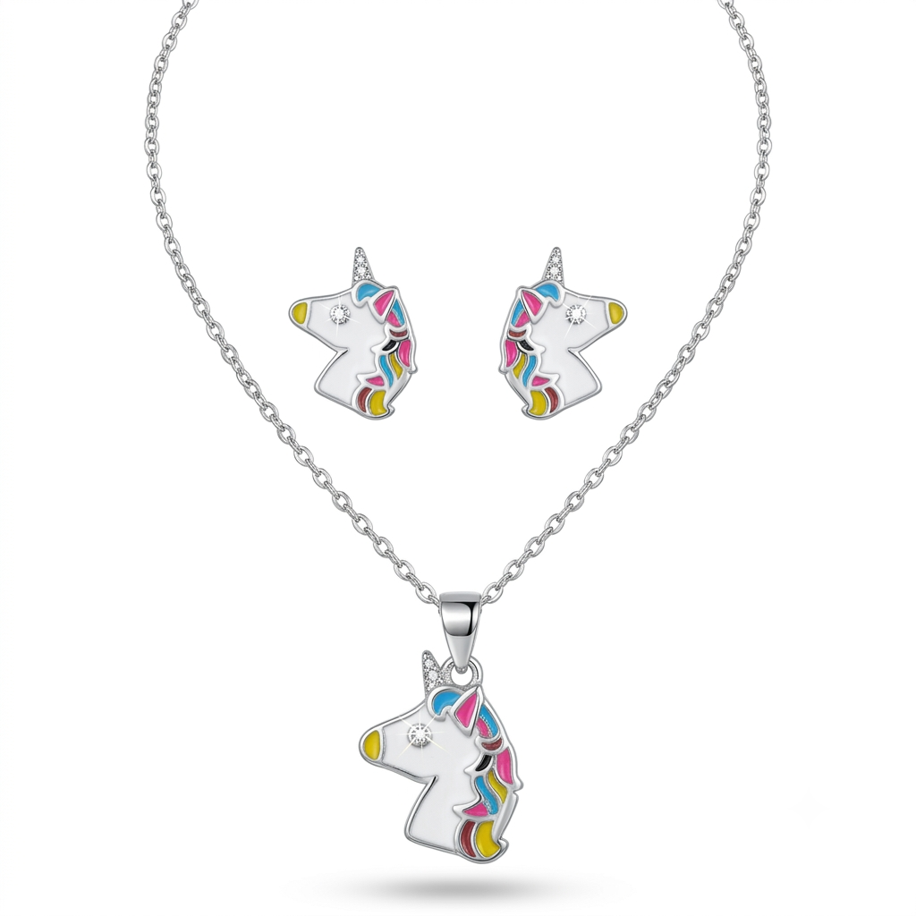 925 Sterling Silver Enamel Unicorn Pendant Necklace & Stud Earrings Set for Women | TOSHINI