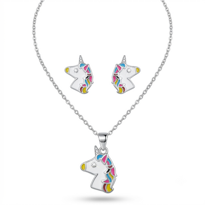 925 Sterling Silver Enamel Unicorn Pendant Necklace & Stud Earrings Set for Women | TOSHINI