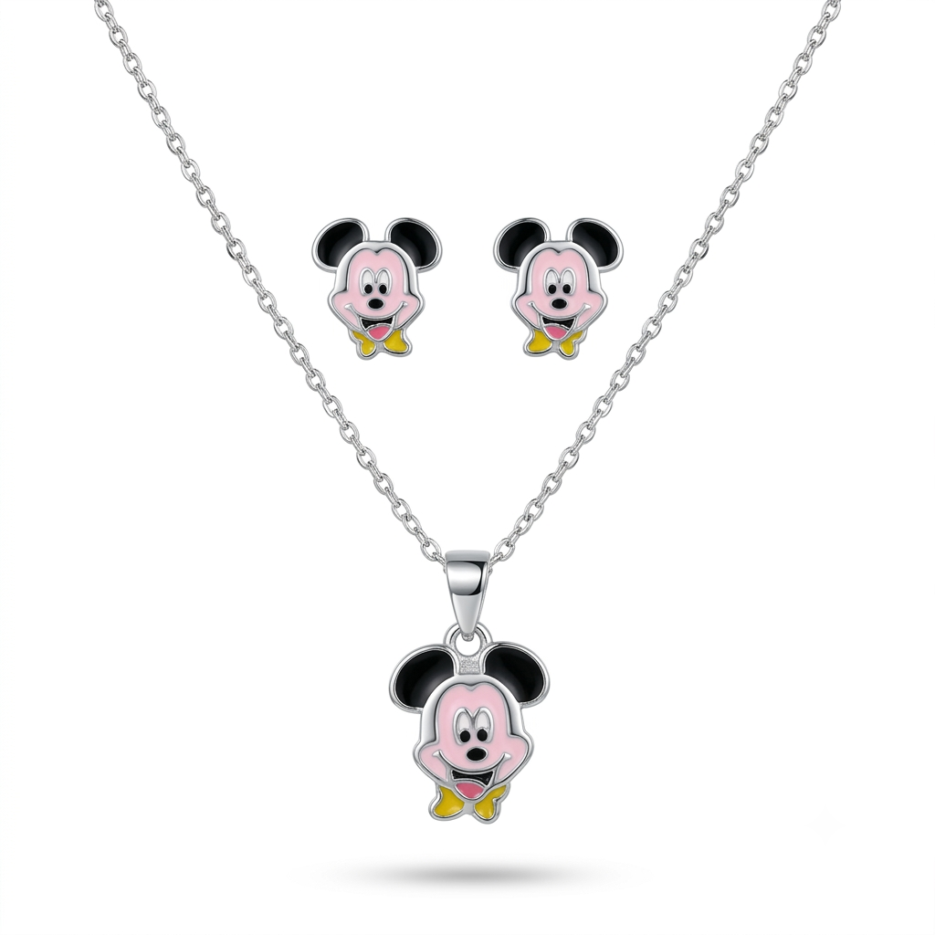 925 Sterling Silver Enamel Cartoon Character Pendant Necklace & Stud Earrings Set for Women | TOSHINI