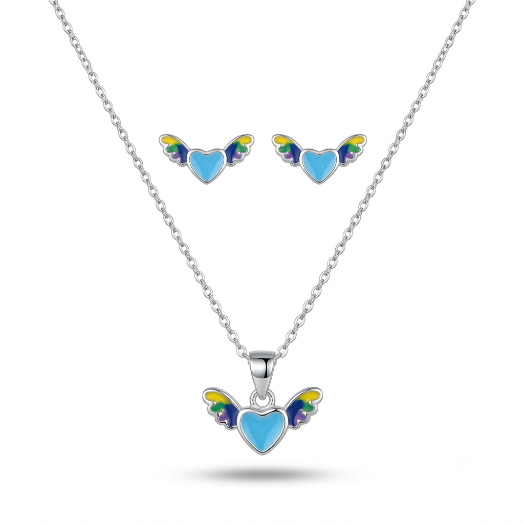 925 Sterling Silver Blue Heart Angel Wings Pendant Necklace & Stud Earrings Set for Women | TOSHINI