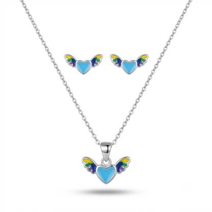925 Sterling Silver Blue Heart Angel Wings Pendant Necklace & Stud Earrings Set for Women | TOSHINI