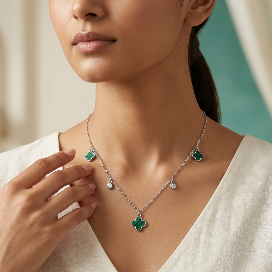 925 Sterling Silver Green Clover Layered Charm Necklace for Women | TOSHINI