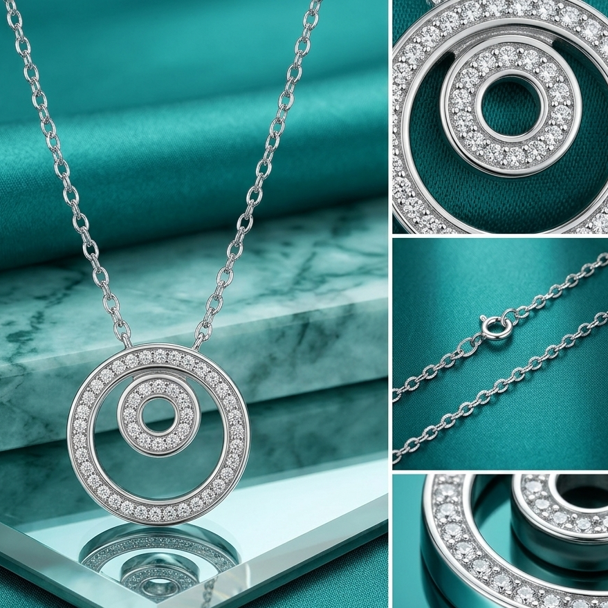 925 Sterling Silver Pavé Double Circle Pendant Necklace for Women | TOSHINI