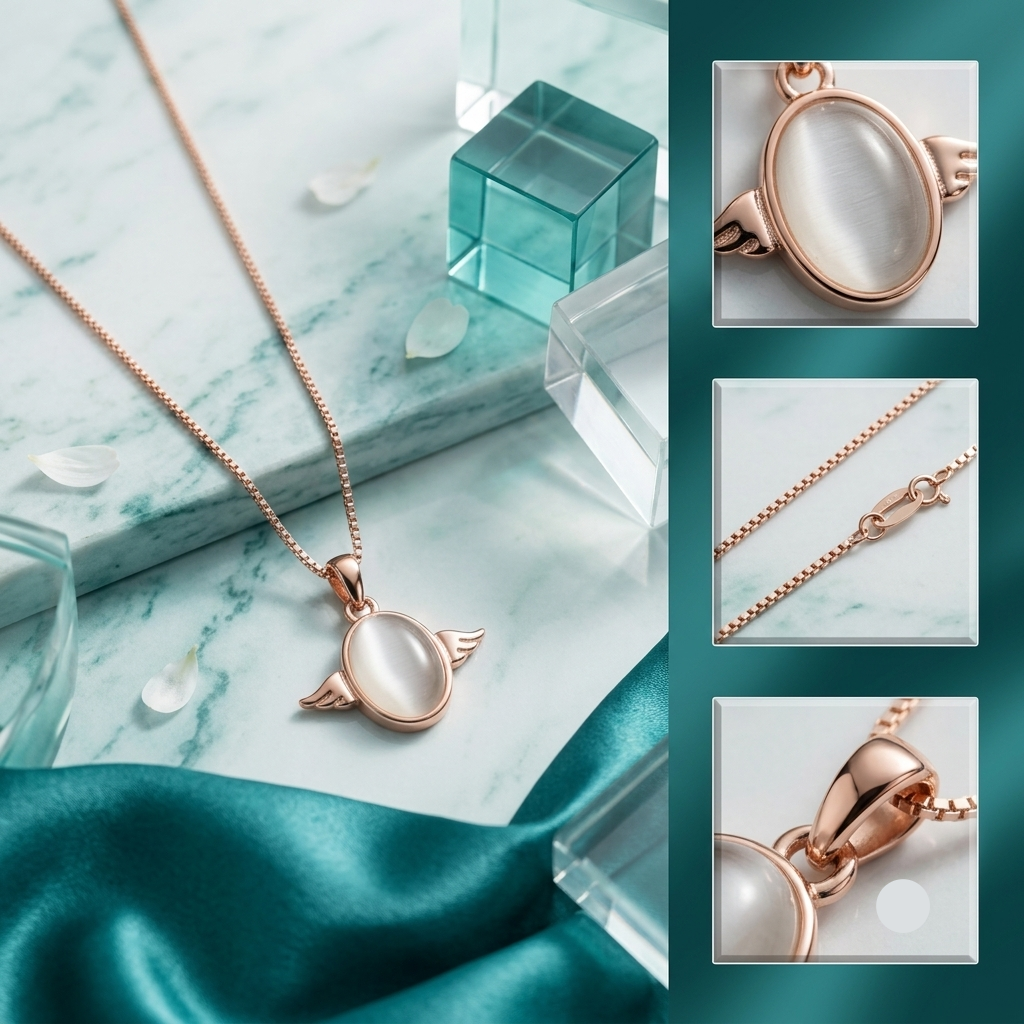 925 Sterling Silver Rose Gold Winged Cat's Eye Oval Pendant Necklace for Women | TOSHINI
