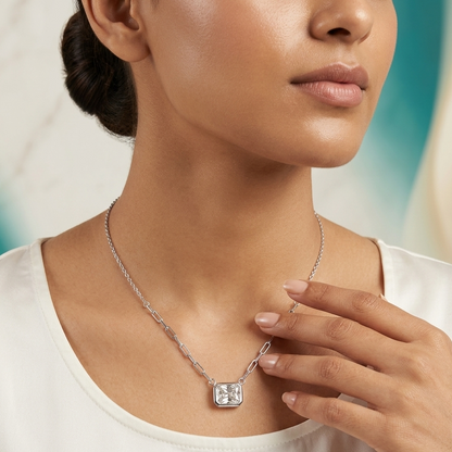 925 Sterling Silver Emerald-Cut Solitaire Pendant Necklace for Women | TOSHINI