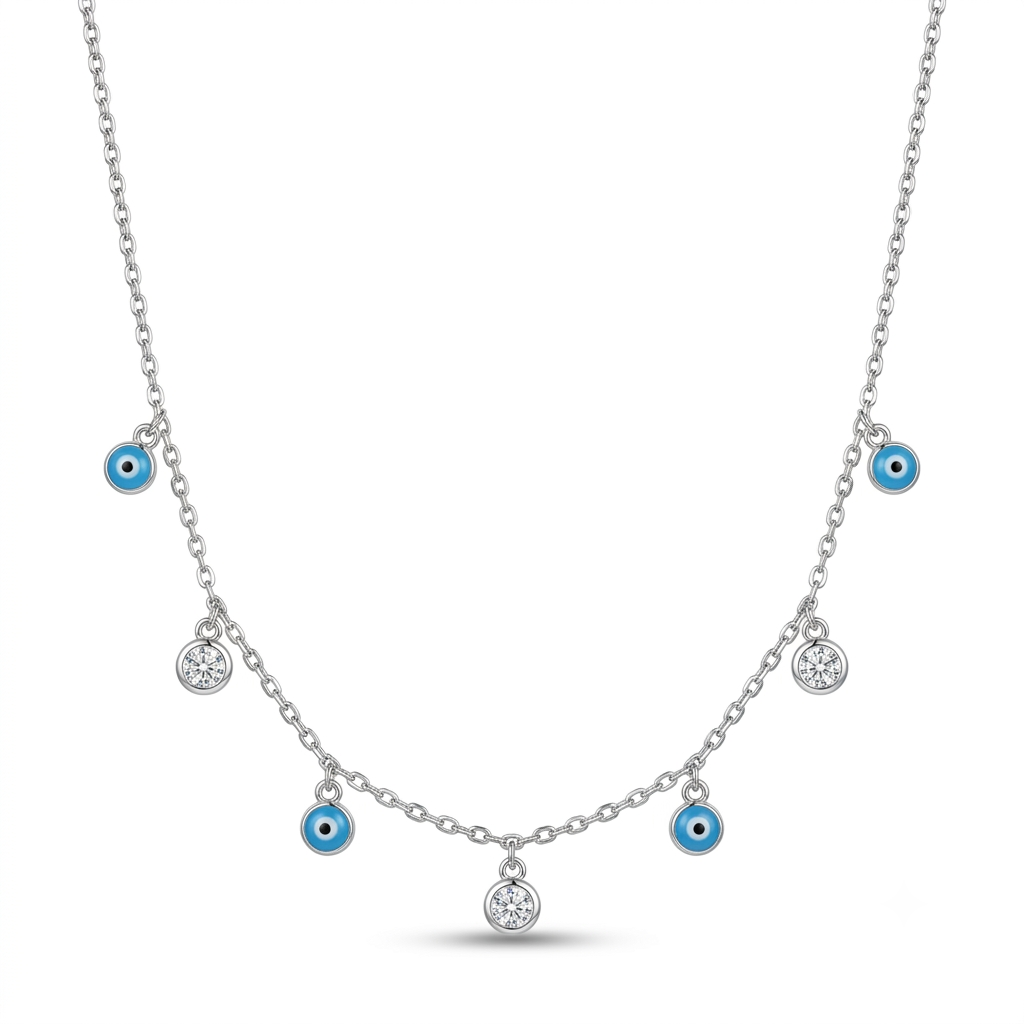 925 Sterling Silver Evil Eye Charm Station Necklace for Women | TOSHINI