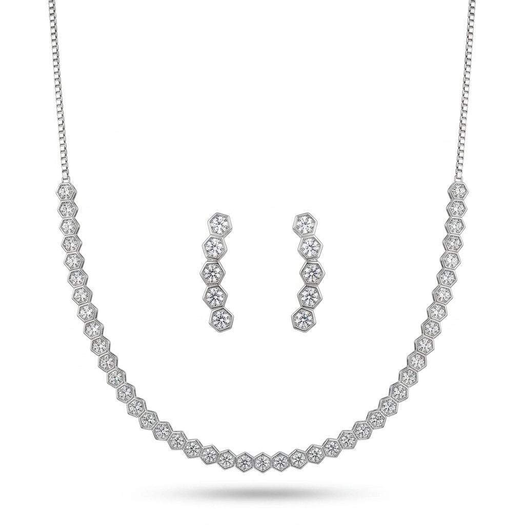 925 Sterling Silver Hexagon Pavé Station Necklace & Earrings Set for Women | TOSHINI