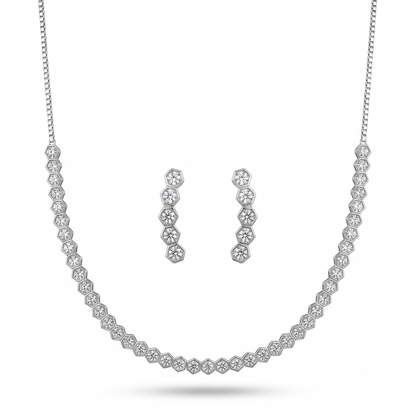 925 Sterling Silver Hexagon Pavé Station Necklace & Earrings Set for Women | TOSHINI