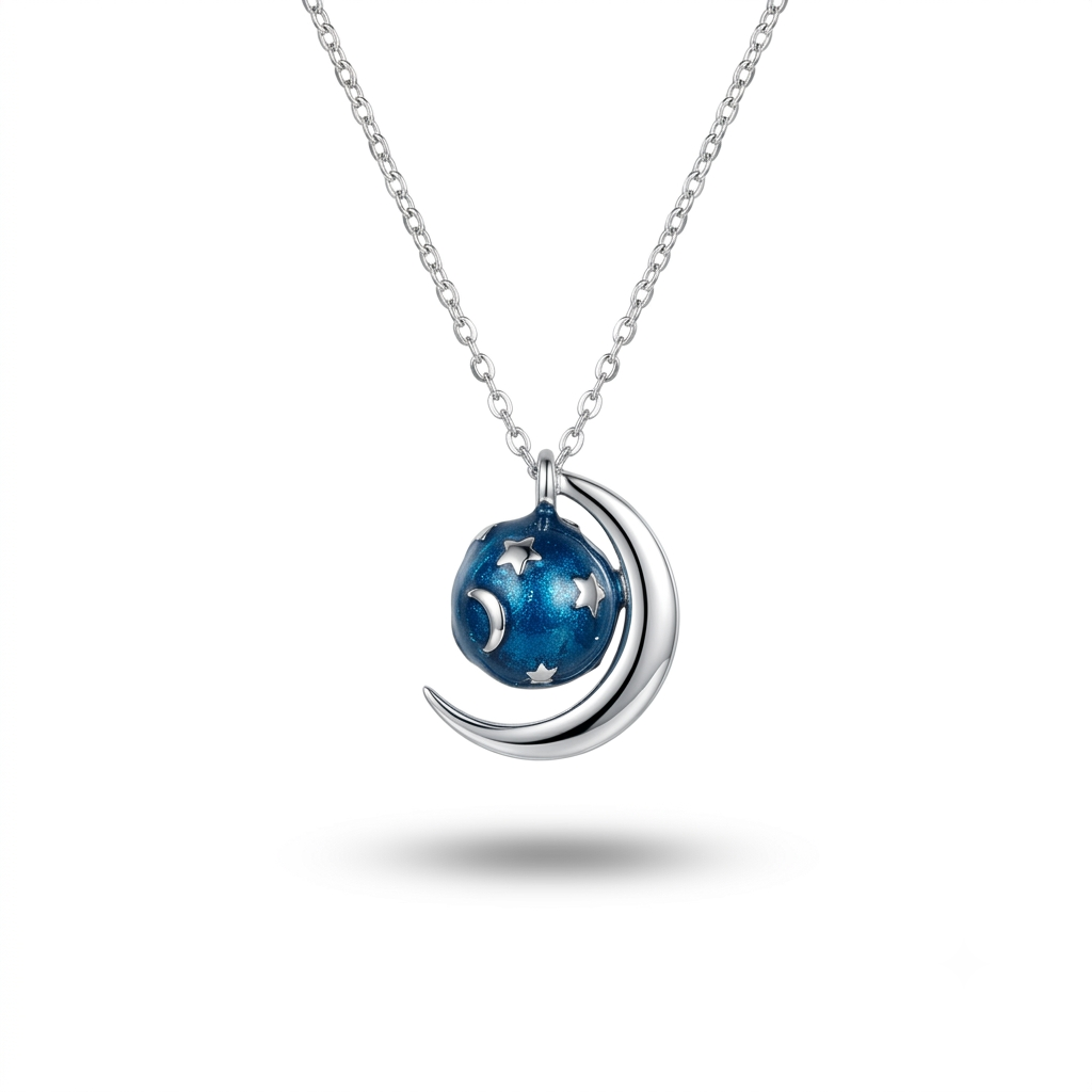 925 Sterling Silver Celestial Moon & Midnight Blue Star Globe Pendant Necklace for Women | TOSHINI