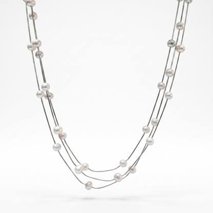 925 Sterling Silver Three Layer Station Pearl Necklace For Women | TOSHINI