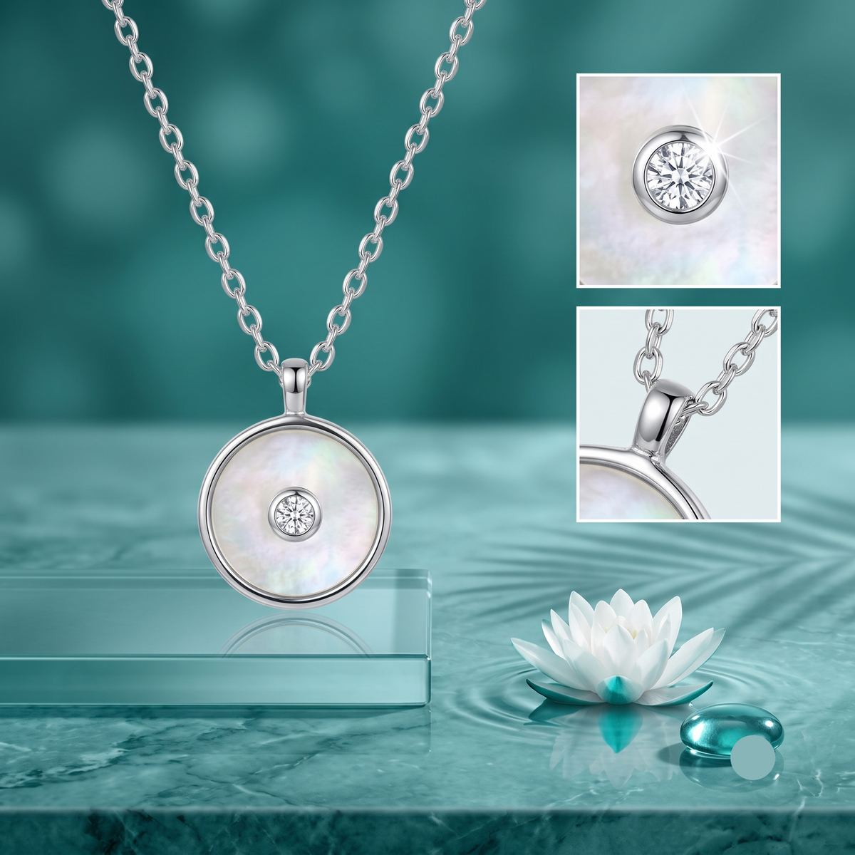 925 Sterling Silver Mother of Pearl Circle Pendant Necklace for Women | TOSHINI