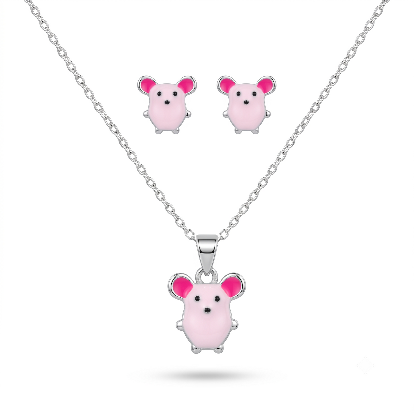 925 Sterling Silver Cute Pink Enamel Mouse Pendant Necklace & Studs Earing for Women | TOSHINI