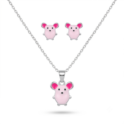 925 Sterling Silver Cute Pink Enamel Mouse Pendant Necklace & Studs Earing for Women | TOSHINI