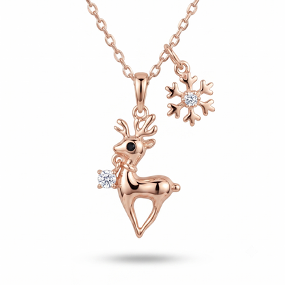 925 Sterling Silver Rose Gold Reindeer & Snowflake Pendant Necklace for Women | TOSHINI