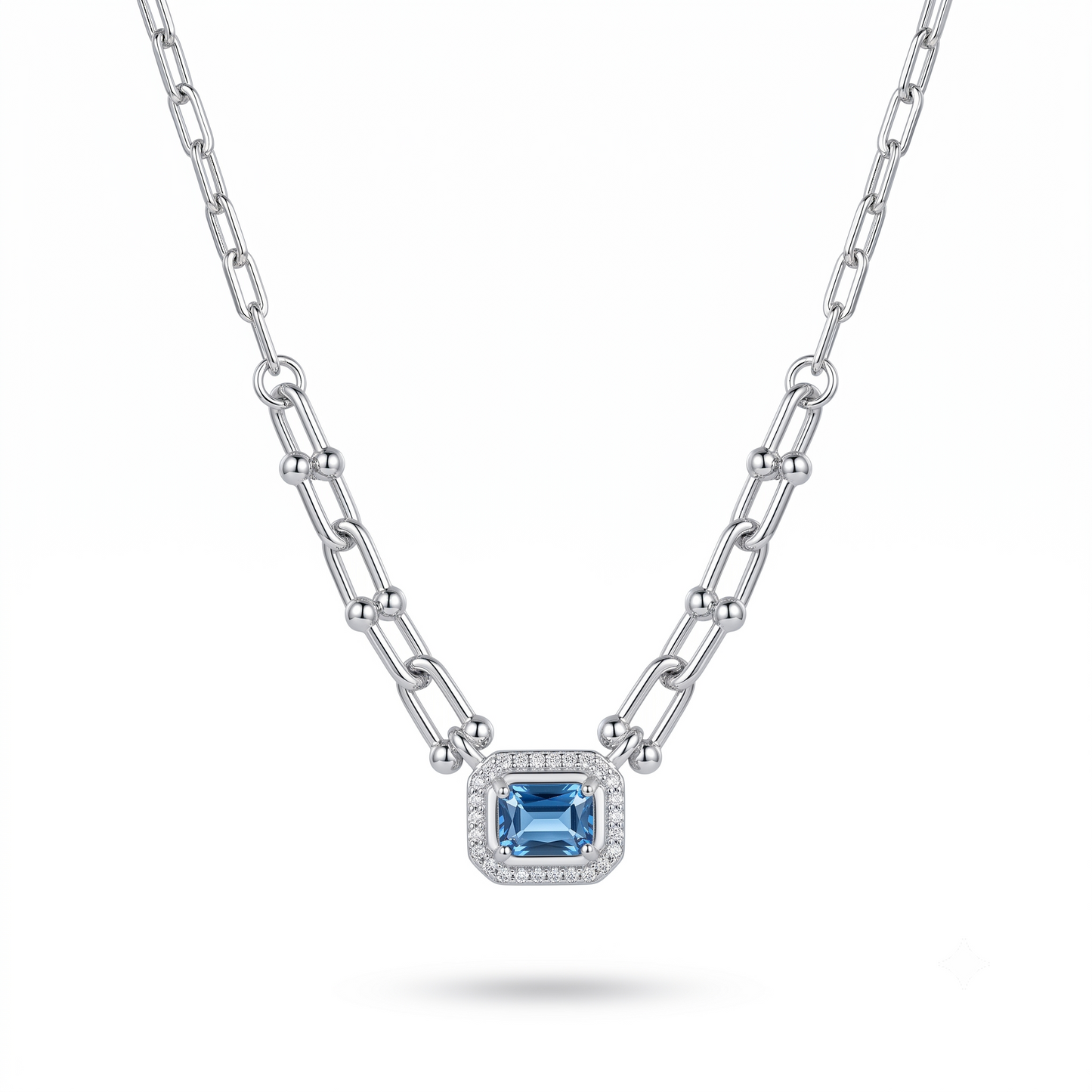 925 Sterling Silver Blue Emerald Halo Link Necklace for Women | TOSHINI