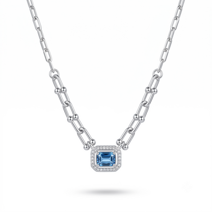925 Sterling Silver Blue Emerald Halo Link Necklace for Women | TOSHINI