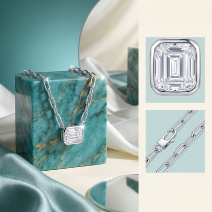 925 Sterling Silver Emerald-Cut Solitaire Pendant Necklace for Women | TOSHINI