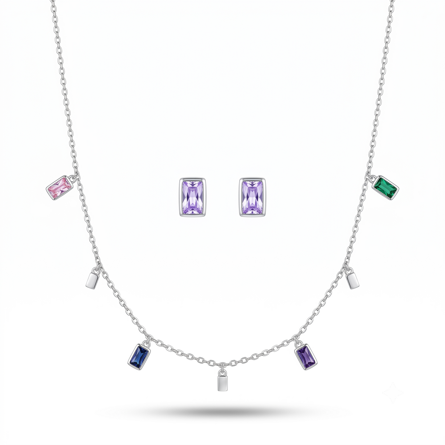 925 Sterling Silver Multicolour Baguette Station Necklace & Stud Earrings Set for Women | TOSHINI