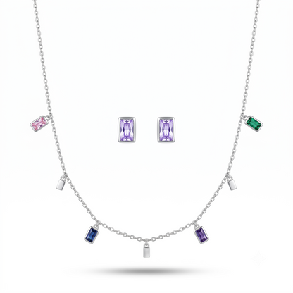 925 Sterling Silver Multicolour Baguette Station Necklace & Stud Earrings Set for Women | TOSHINI